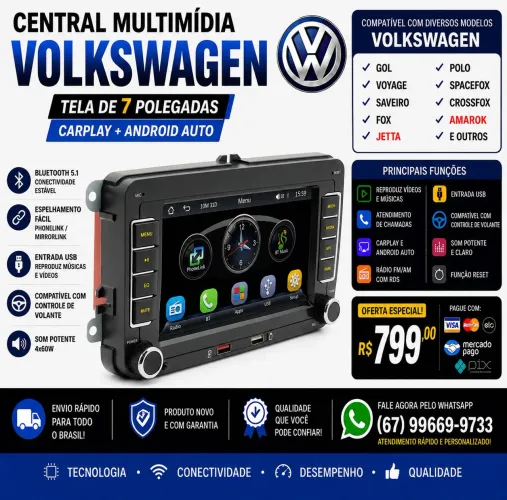 Central Multimídia Volkswagen 7? CarPlay + Android Auto