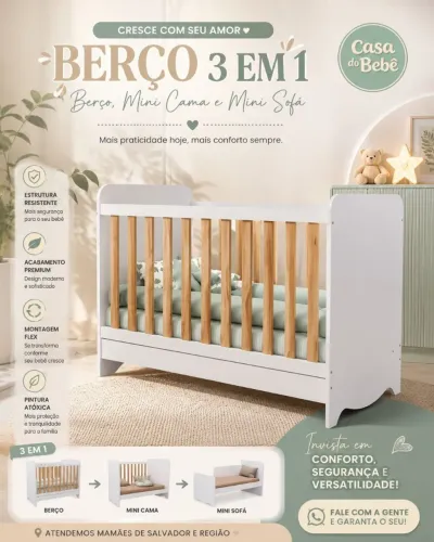 Berço 3 em 1 Minicama MDF Branco/Amêndoa