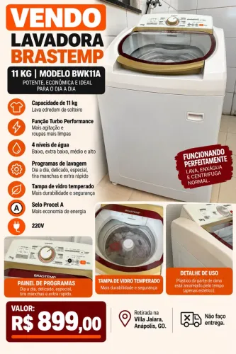 Máquina de lavar Brastemp 11 kg, tampa de vidro, 220V