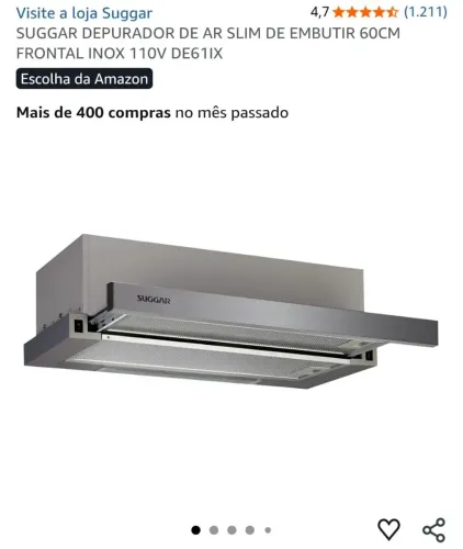 SUGGAR DEPURADOR DE AR SLIM DE EMBUTIR 60CM FRONTAL INOX 110V DE61IX