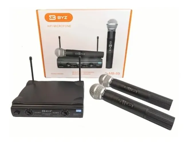 Microfones Sem Fio Byz Mb-59 Duplo Dinâmico Profissional Uhf Cor Preto