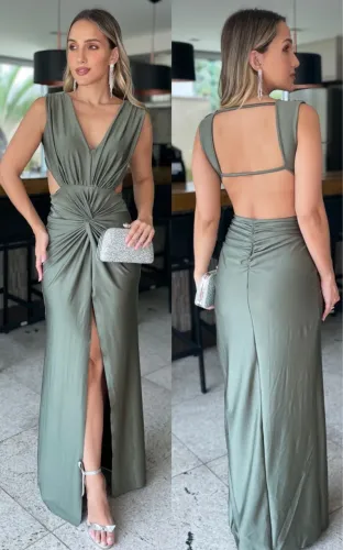 Vestido Verde Oliva com Fenda e Costas Abertas Casamento
