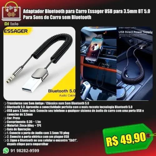 Adaptador Bluetooth para Carro Essager USB para 3.5mm BT 5.0 Para Sons de Carro sem BT