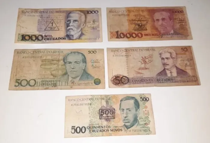 5 Notas Antigas De Cruzados,10.000,1.000,500,50,e 500 Cruzados Novos
