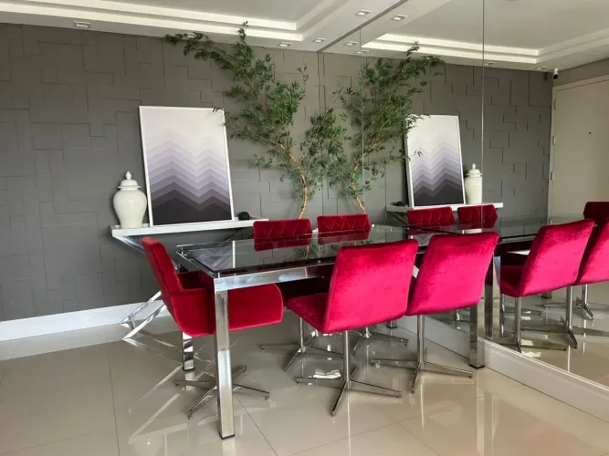 Mesa de jantar cromada com tampo de vidro 6 lugares + cadeiras