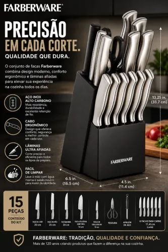 Kit de facas de cozinha Farberware com 15 peças - nunca usado