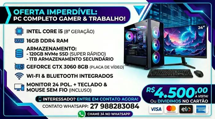 Computador i5 8ª geração 16ddr4 120gb nvme Geforce rtx 3060 monitor 24 polegadas