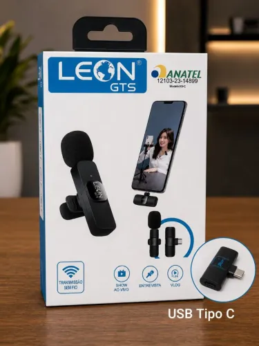 Microfone de Lapela Sem Fio LEON GTS K9-C | USB-C | Plug & Play | Vídeo, Live e Entrevista