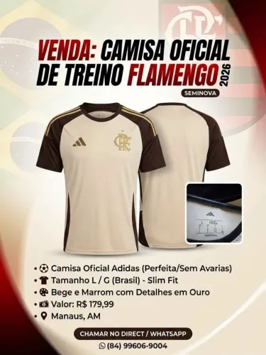 VENDO CAMISA OFICIAL DE TREINO DO FLAMENGO - 2026/2027 - COR BEGE/MARROM COM DETALHES OURO