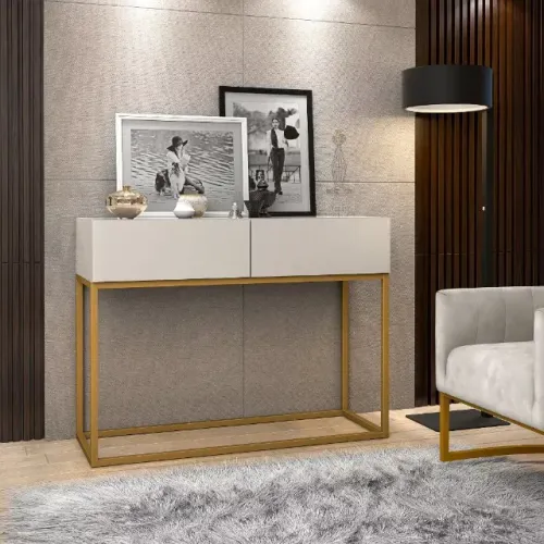 Aparador Buffet Eros 90cm Industrial 2 Gavetas Corrediças Telescopica Pé de Ferro Dourado
