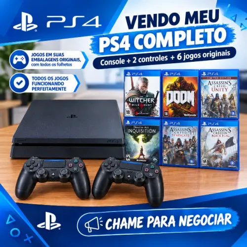 PS4 Slim Completo + 2 Controles + 6 Jogos Originais (Mídia Física) - Perfeito Estado!