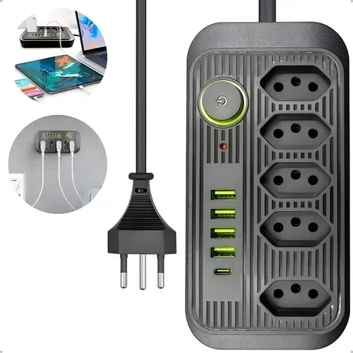 Extensão de Tomadas Filtro de linha 5 Tomadas 4 USB e 1 Tipo-C