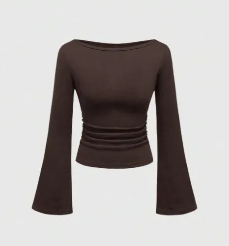 Blusa manga longa canelada marrom
