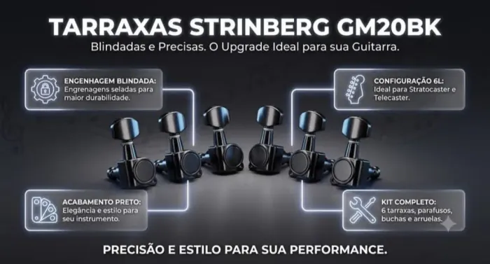 Jogo de Tarraxas Strinberg GM20BK (6 Em Linha) Pretas Blindadas