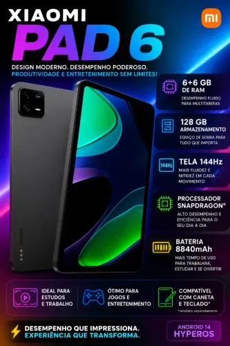 Xiaomi Pad 6 128GB 6+6GB RAM  Tela 144Hz