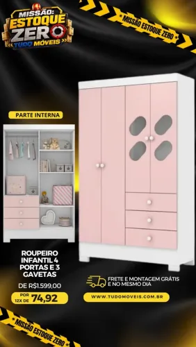 ROUPEIRO INFANTIL 4 PORTAS 3 GAVETAS