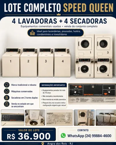 SPEED QUEEN INDUSTRIAL - 4 LAVADORAS + 4 SECADORAS | LOTE COMPLETO