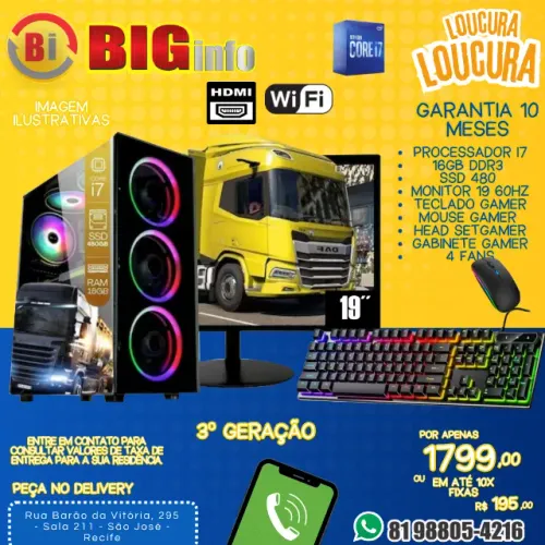Computador Completo Intel Core i7, 16GB RAM, SSD 480gb , Monitor LED 19" - Em ate 10x Fixa