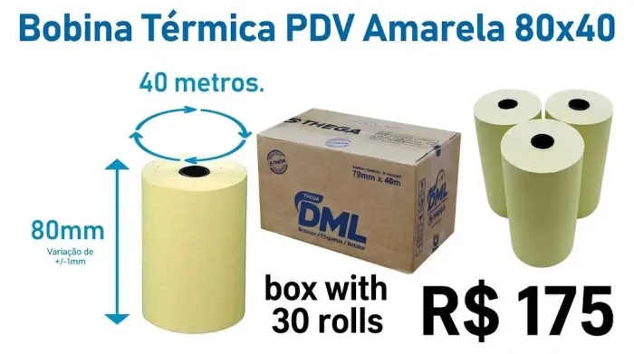 Bobina térmica 80x40 caixa com 30 rolos