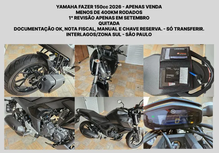 OPORTUNIDADE: YAMAHA FAZER FZ15 2026 - 400KM RODADOS - ÚNICO DONO - NOTA FISCAL