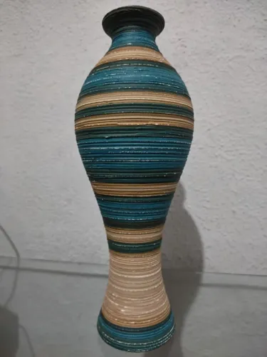Vaso Califórnia M Decoração em Cerâmica Azul e Palha Marrakesh