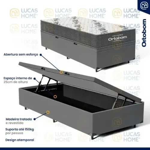 Colchão Solteiro Premium Ortobom + Base Baú Cinza