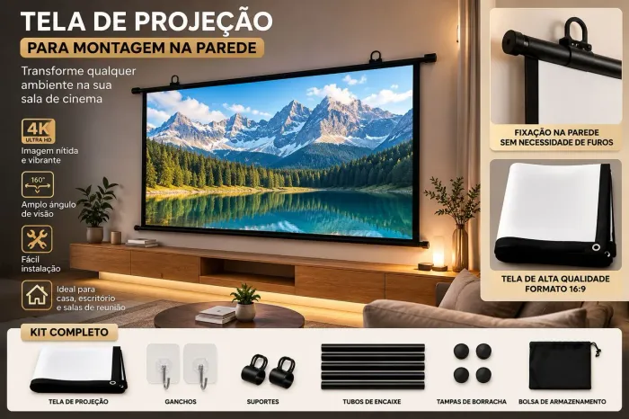 Tela de Projeção 16:9 para Projetor 4K HD - Kit Completo com Suporte de Parede