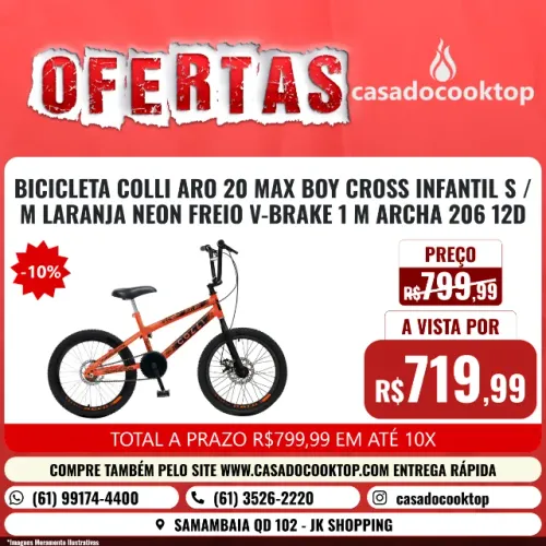BICICLETA COLLI ARO 20 MAX BOY CROSS INFANTIL S/M LARANJA NEON FREIO V-BRAKE 1 MARCHA 