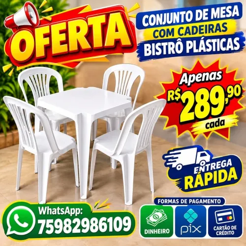 Conjunto de mesa e cadeiras plásticas bistrô
