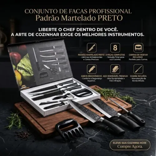 Conjunto de facas profissional de 8 pecas Padrão martelado PRETO