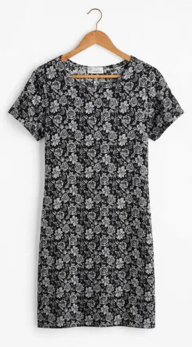 Vestido Floral Preto e Branco Manga Curta Casual Soltinho Dia a Dia