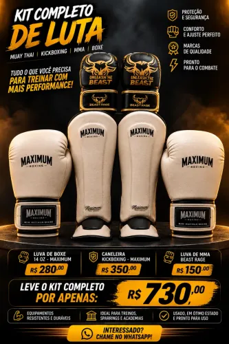 Kit Completo Muay Thai / Boxe - Luva 14oz + Caneleira + Luva MMA