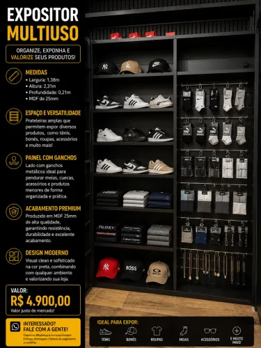 Expositor Multiuso MDF 25mm com Prateleiras e Ganchos para Loja