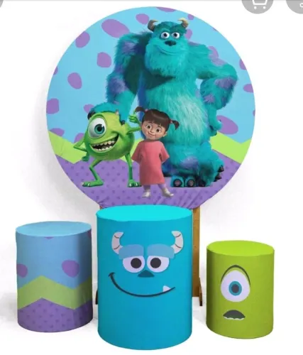 Kit de festa com painel e trio de capas para cilindros dos Monstros S.A.