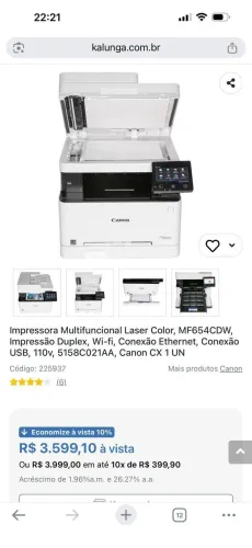 Impressora multifuncional cor Canon MF654Cdw 127V