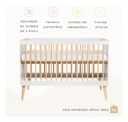 QUATER - Berço Americano 2 em 1 MDF Linha Retrô Branco com Carvalho