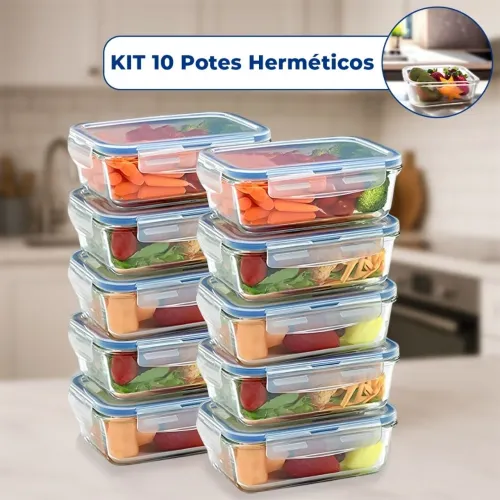 Kit 10 ou 5 Pote de Vidro 640ml Hermético Retangular 4 Travas Marmita Microondas