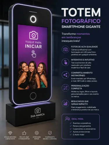 Totem fotográfico smartphone gigante foto impressa na hora 