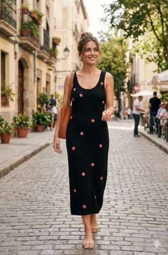vestido crochet preto com flores nybd