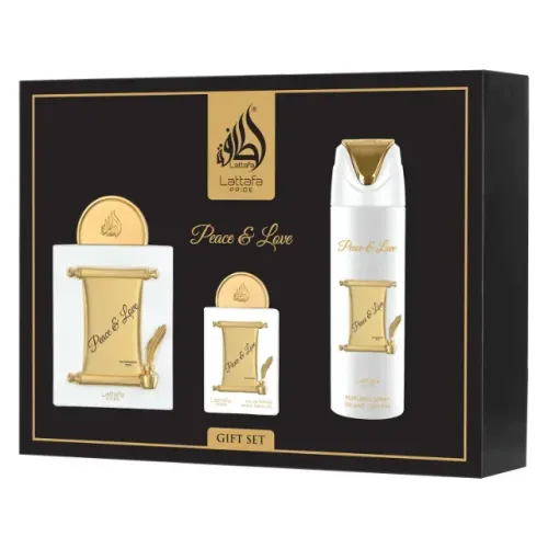 Kit Lattafa Peace & Love Gift Set Eau de Parfum Unissex Perfume Body Splash Desodorante