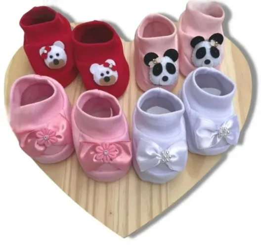 Kit 4 Sapatinhos Bebê Recém-Nascido Algodão Menina Meia Pantufa