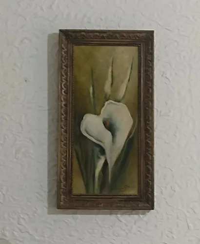 Quadro Floral Óleo sobre Tela 53x28 cm - Copo-de-Leite com Moldura Antiga Dourada