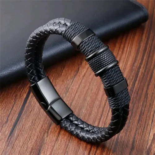 Pulseira Masculina de Couro Trançado e Aço