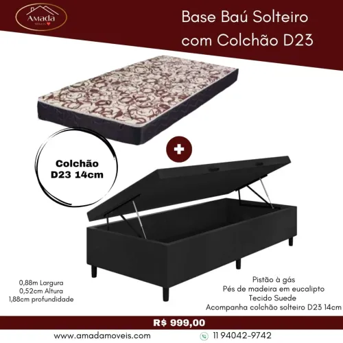Base baú Solteiro com colchão D23 - à pronta entrega