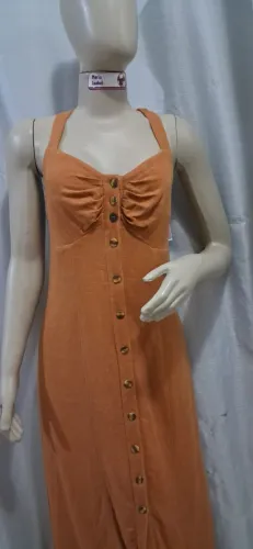 Vestido Longo Linho Feminino Com Botões Lástex Brasil Em Gotas Forrado