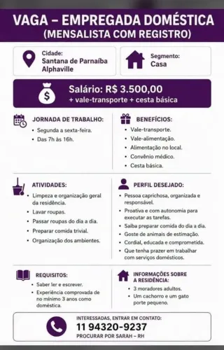 VAGA DE EMPREGADA DOMÉSTICA COM REGISTRO
