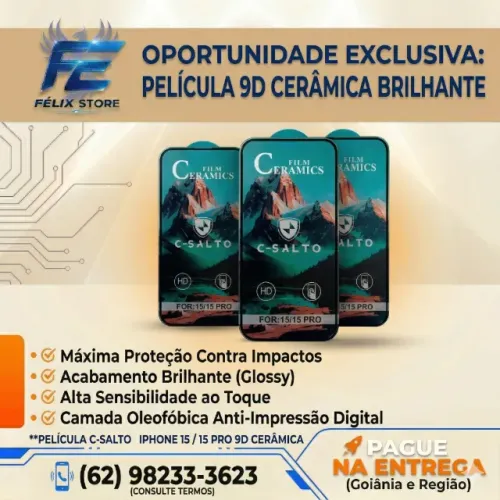 Pelicula 9D Ceramica Brilhante iPhone 15 e 15 Pro LOJA FISICA NO SETOR COIMBRA