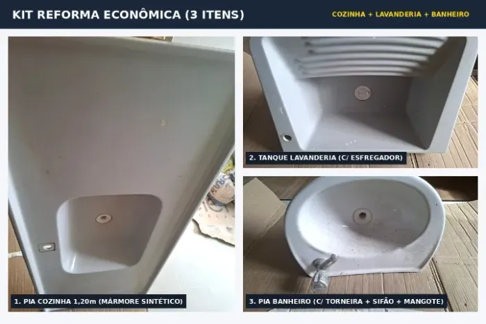 Kit Reforma Econômica: Pia Cozinha 1,20m + Tanque de Lavar + Pia Banheiro Completa