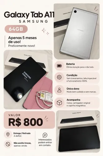 Galaxy Tab A11 da Samsung 64GB - Apenas 5 Meses de Uso!