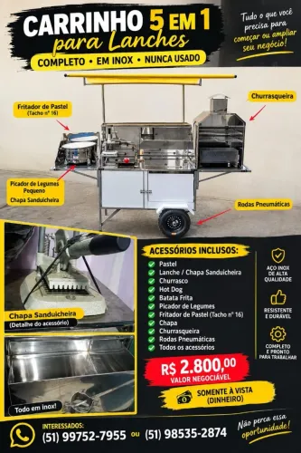 Carrinho de lanche 5x1 todo de inox semi novo nunca usado tds as peças vai com toude